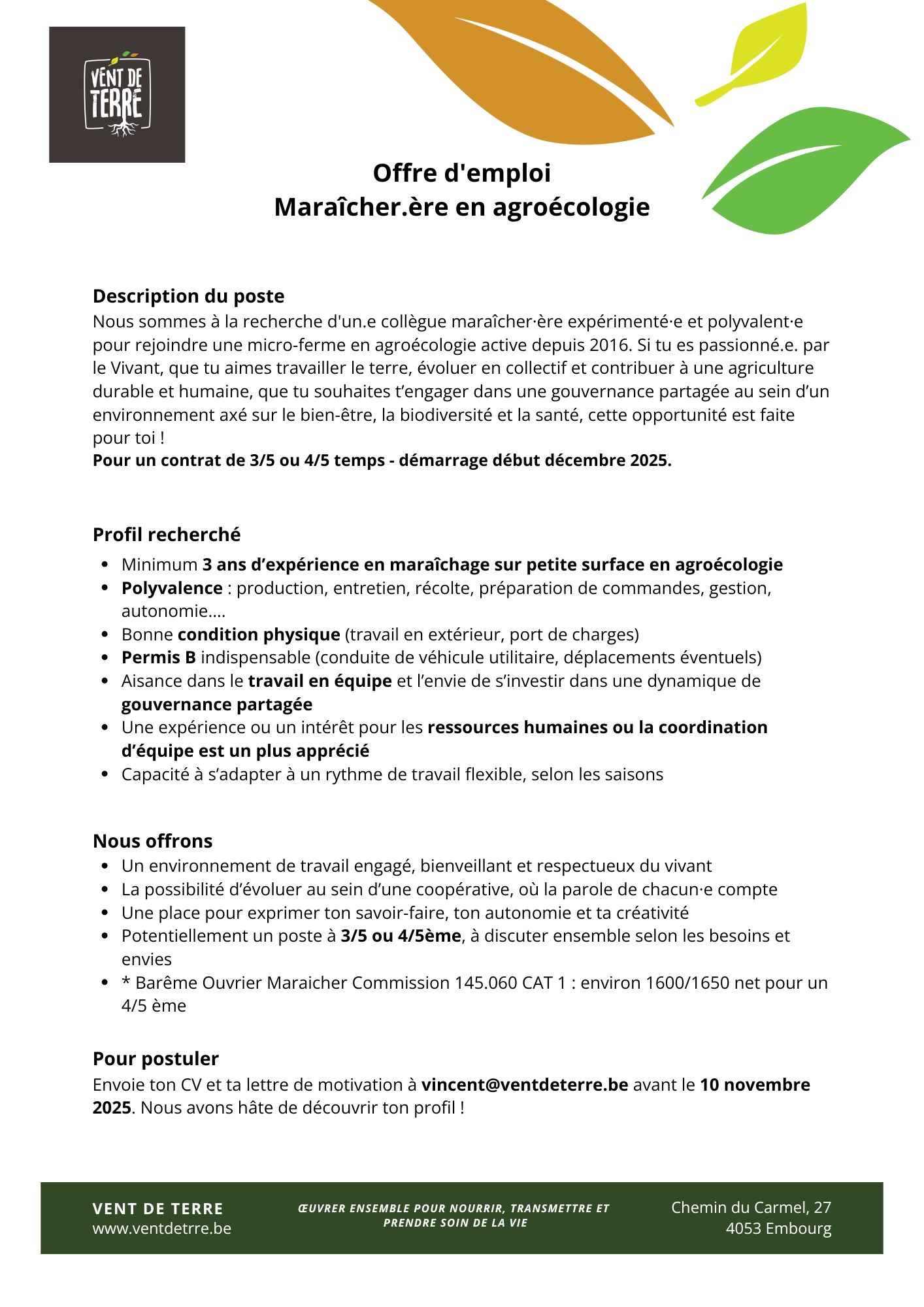 Offre emploi maraîcher ère
